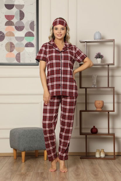 Bordo Ekose Desenli Önden Düğmeli Kısa Kollu Pijama Takımı - 2