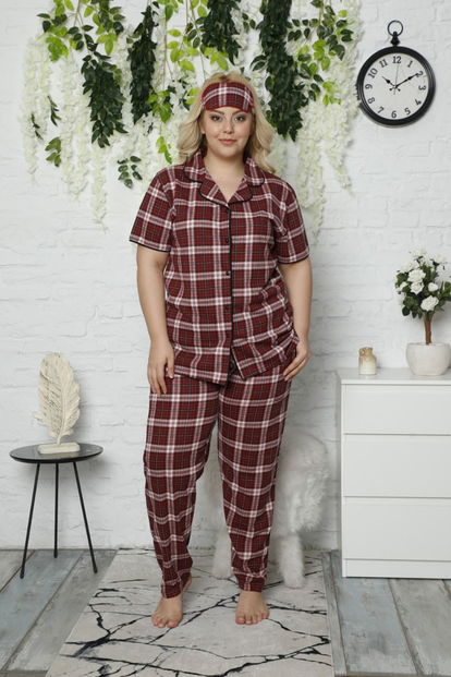 Bordo Ekose Önden Düğmeli Kısa Kollu Büyük Beden Battal Pijama Takımı - 1