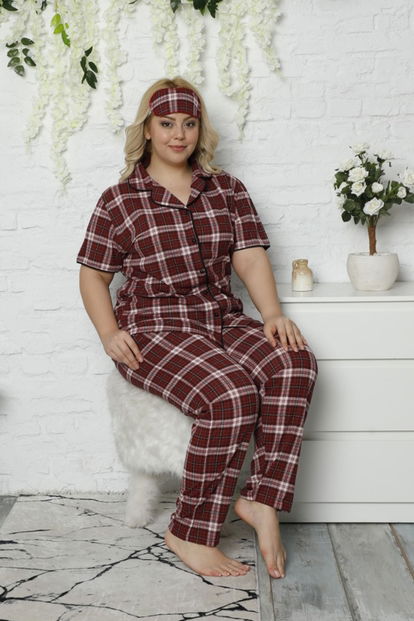 Bordo Ekose Önden Düğmeli Kısa Kollu Büyük Beden Battal Pijama Takımı - 2