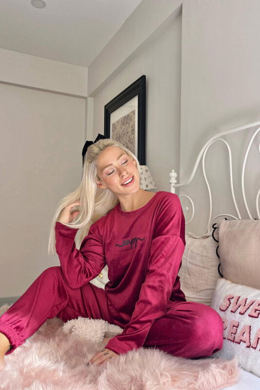 Bordo Enjoy Desenli Exclusive Kadife Kadın Pijama Takımı  - Pijamaevi (2)