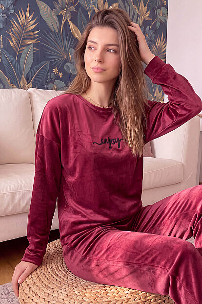 Bordo Enjoy Desenli Exclusive Kadife Kadın Pijama Takımı  