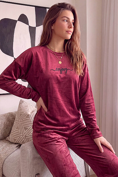 Bordo Enjoy Desenli Exclusive Kadife Kadın Pijama Takımı  