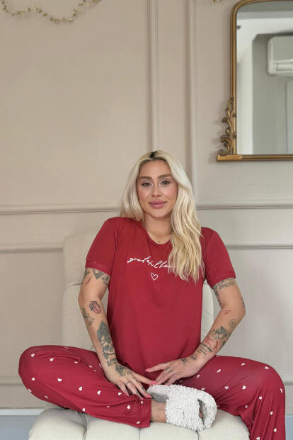 Bordo Grateful Heart Desenli Bambu Kısa Kol Kadın Pijama Takımı - 2