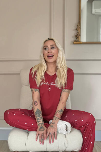 Bordo Grateful Heart Desenli Bambu Kısa Kol Kadın Pijama Takımı - 3