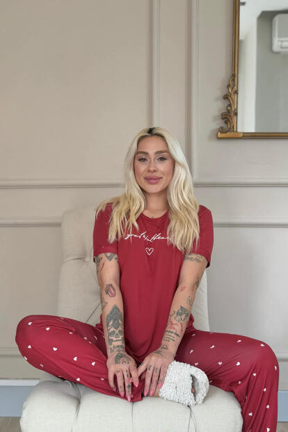 Bordo Grateful Heart Desenli Bambu Kısa Kol Kadın Pijama Takımı - 4