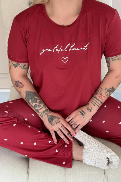 Bordo Grateful Heart Desenli Bambu Kısa Kol Kadın Pijama Takımı - 5