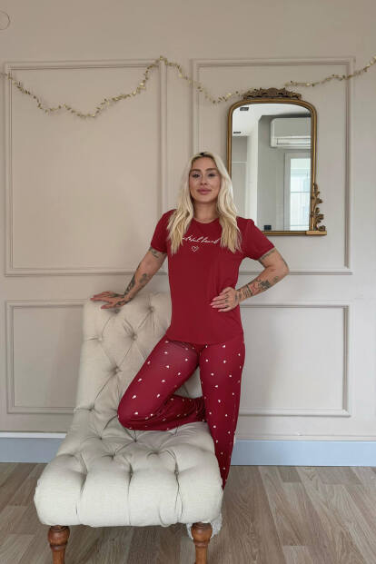 Bordo Grateful Heart Desenli Bambu Kısa Kol Kadın Pijama Takımı - 6