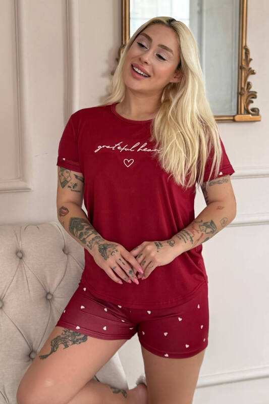 Bordo Grateful Heart Desenli Bambu Kısa Kol Kadın Şortlu Pijama Takımı - Pijamaevi
