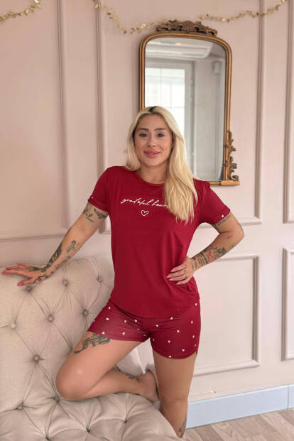 Bordo Grateful Heart Desenli Bambu Kısa Kol Kadın Şortlu Pijama Takımı - 2
