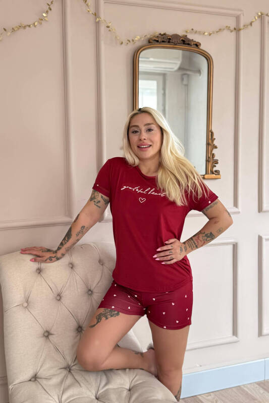 Bordo Grateful Heart Desenli Bambu Kısa Kol Kadın Şortlu Pijama Takımı - Pijamaevi (3)