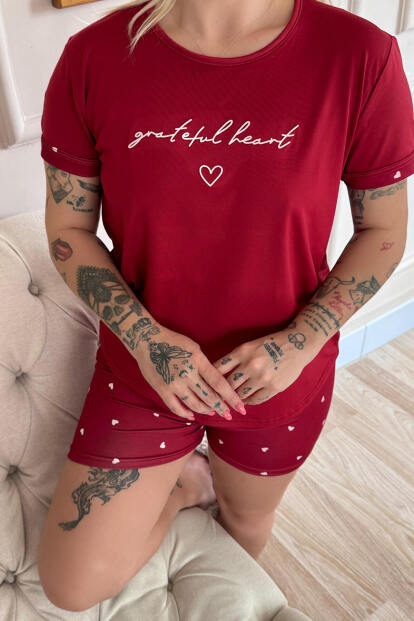 Bordo Grateful Heart Desenli Bambu Kısa Kol Kadın Şortlu Pijama Takımı - 5