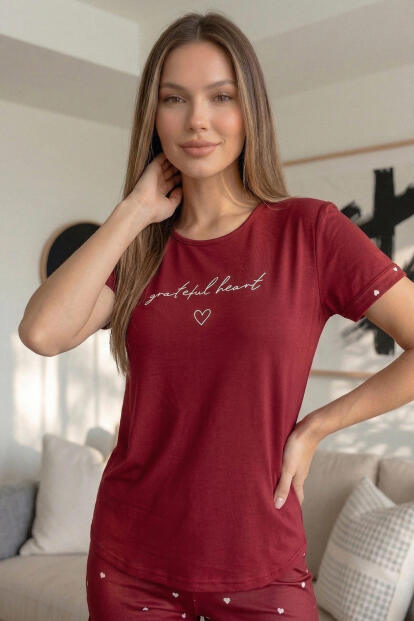 Bordo Grateful Heart Desenli Bambu Kısa Kol Kadın Şortlu Pijama Takımı - 6