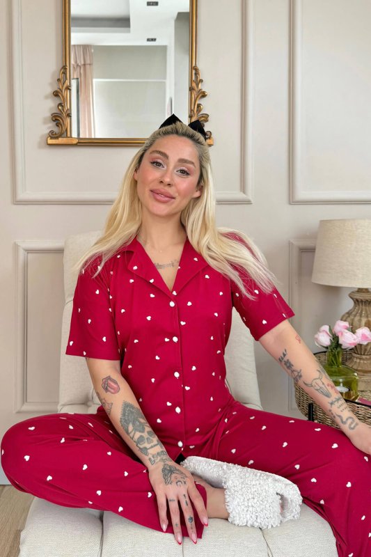 Bordo Heart Desenli Bambu Önden Düğmeli Kısa Kol Pijama Takımı - Pijamaevi (1)