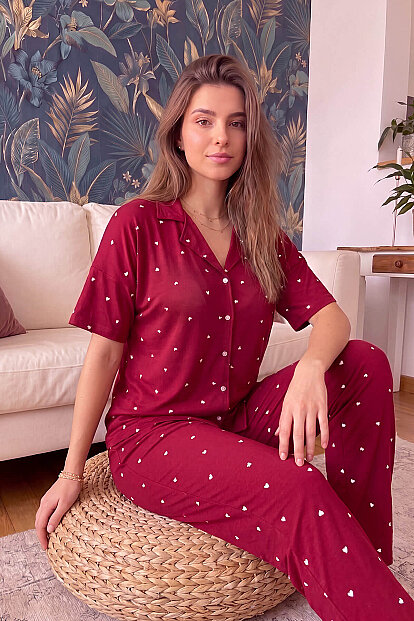 Bordo Heart Desenli Bambu Önden Düğmeli Kısa Kol Pijama Takımı - 2