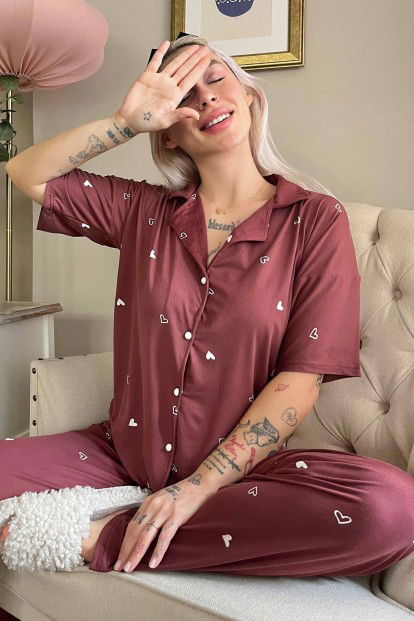 Bordo Heart Desenli Bambu Önden Düğmeli Kısa Kol Pijama Takımı - 1