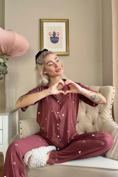 Bordo Heart Desenli Bambu Önden Düğmeli Kısa Kol Pijama Takımı - 2