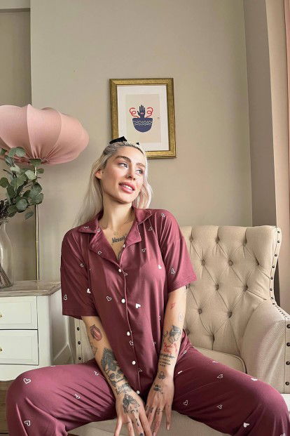 Bordo Heart Desenli Bambu Önden Düğmeli Kısa Kol Pijama Takımı - 3