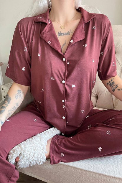 Bordo Heart Desenli Bambu Önden Düğmeli Kısa Kol Pijama Takımı - 4