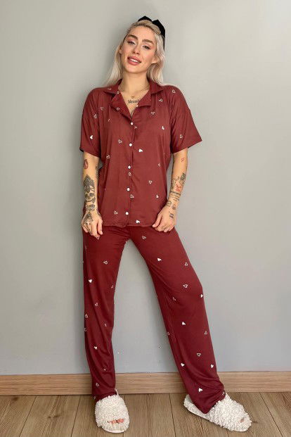 Bordo Heart Desenli Bambu Önden Düğmeli Kısa Kol Pijama Takımı - 5