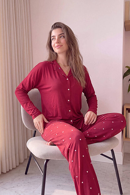 Bordo Heart Desenli Bambu Önden Düğmeli Uzun Kol Kadın Pijama Takımı - 2