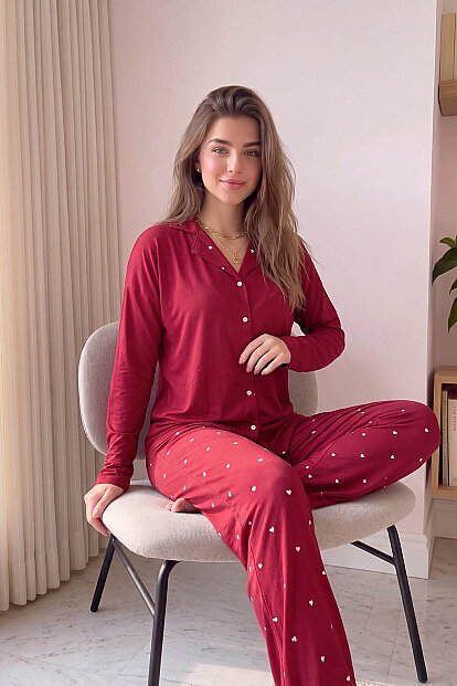 Bordo Heart Desenli Bambu Önden Düğmeli Uzun Kol Kadın Pijama Takımı - 3