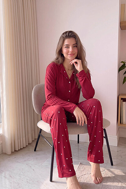 Bordo Heart Desenli Bambu Önden Düğmeli Uzun Kol Kadın Pijama Takımı - 4