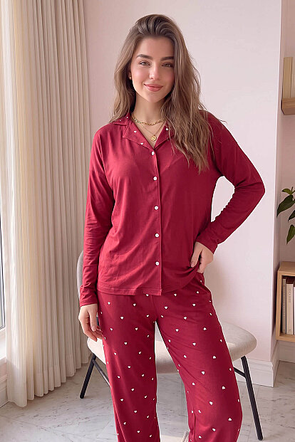 Bordo Heart Desenli Bambu Önden Düğmeli Uzun Kol Kadın Pijama Takımı - 6