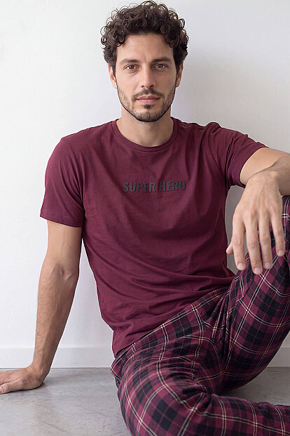 Bordo Hero Baskılı Kısa Kol Erkek Pijama Takımı 