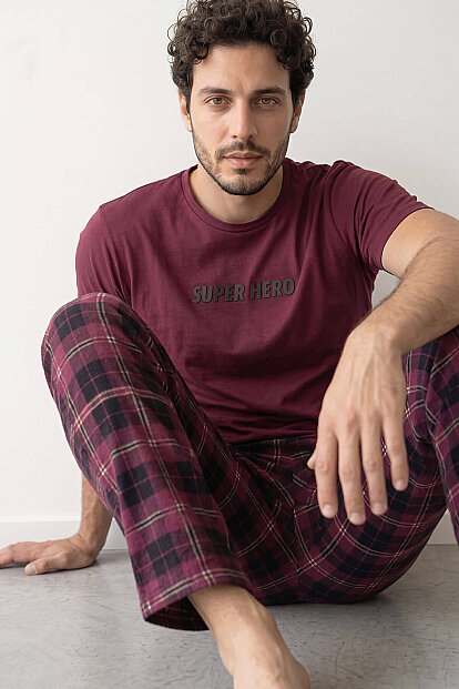 Bordo Hero Baskılı Kısa Kol Erkek Pijama Takımı - 5
