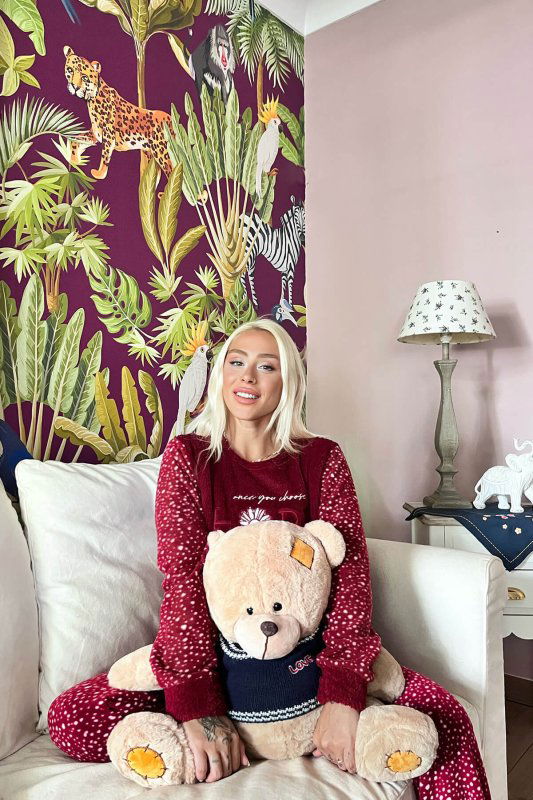 Bordo Hope Desenli Kadın Peluş Pijama Takımı - Pijamaevi (2)
