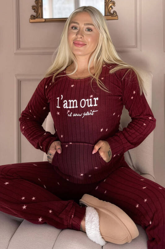Bordo Iam our Desenli Kanguru Cepli Peluş Polar Pijama Takımı - Pijamaevi