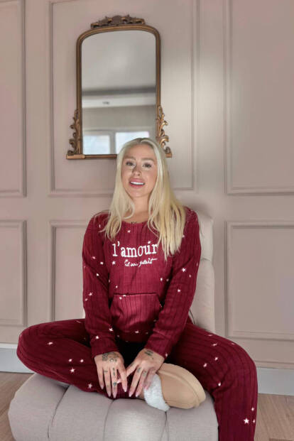 Bordo Iam our Desenli Kanguru Cepli Peluş Polar Pijama Takımı - 2