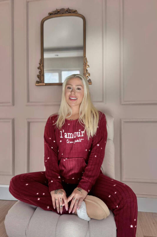 Bordo Iam our Desenli Kanguru Cepli Peluş Polar Pijama Takımı - Pijamaevi (1)