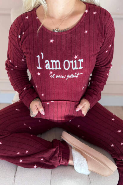 Bordo Iam our Desenli Kanguru Cepli Peluş Polar Pijama Takımı - 4