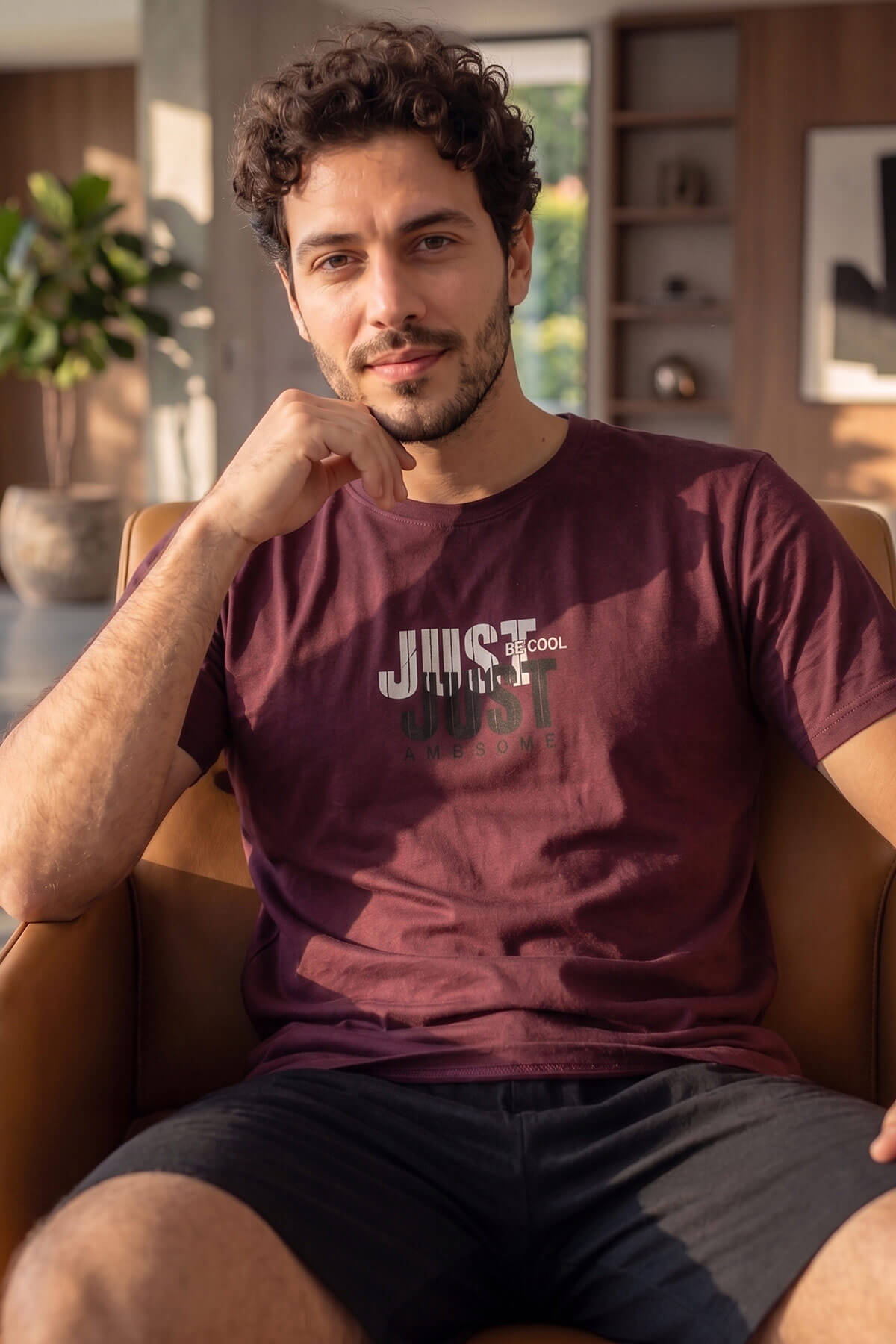 Bordo Just Desenli Kısa Kollu Şortlu Erkek Pijama Takımı - Pijamaevi