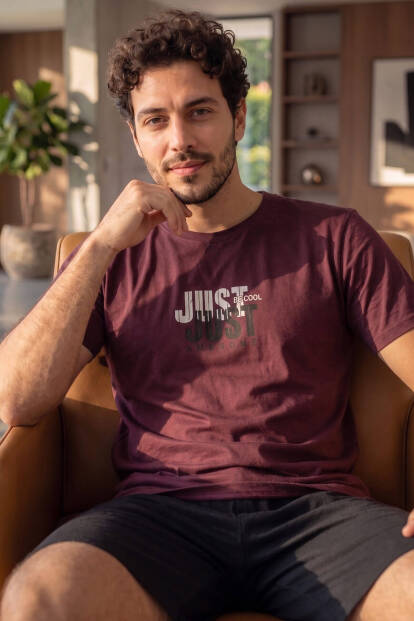Bordo Just Desenli Kısa Kollu Şortlu Erkek Pijama Takımı - 1