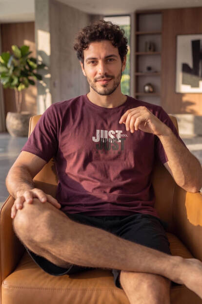 Bordo Just Desenli Kısa Kollu Şortlu Erkek Pijama Takımı - 2