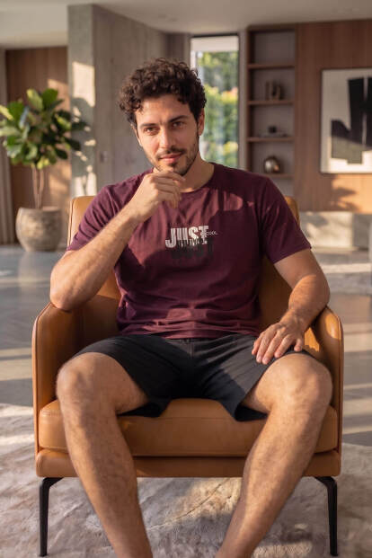 Bordo Just Desenli Kısa Kollu Şortlu Erkek Pijama Takımı - 3