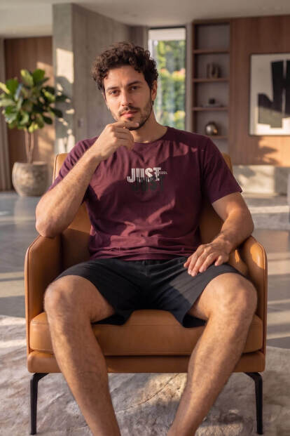 Bordo Just Desenli Kısa Kollu Şortlu Erkek Pijama Takımı - 5