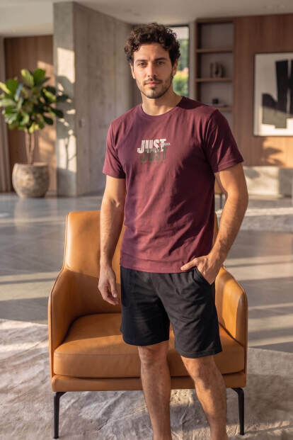 Bordo Just Desenli Kısa Kollu Şortlu Erkek Pijama Takımı - 7