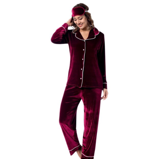 Bordo Kadife Önden Düğmeli Pijama Takımı - 1