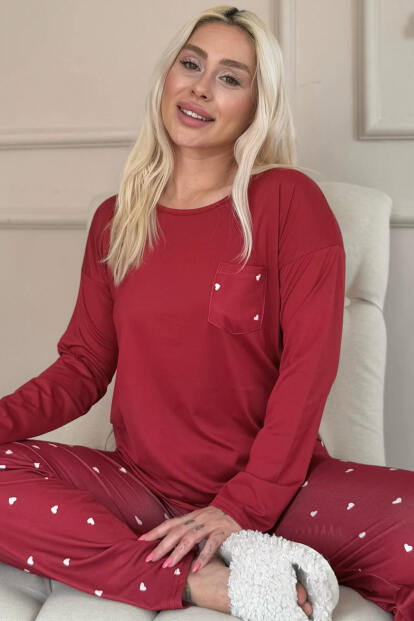 Bordo Kalp Desenli Bambu Uzun Kol Kadın Pijama Takımı - 1