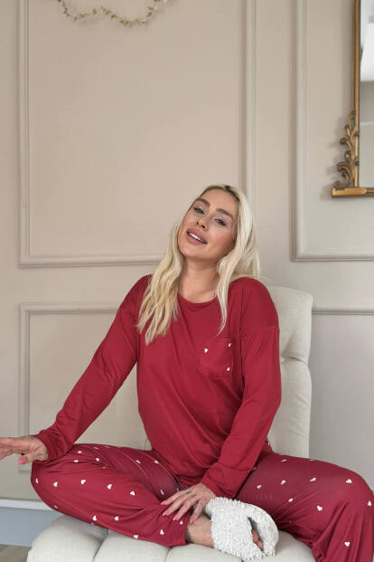 Bordo Kalp Desenli Bambu Uzun Kol Kadın Pijama Takımı - 2