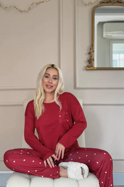 Bordo Kalp Desenli Bambu Uzun Kol Kadın Pijama Takımı - 3