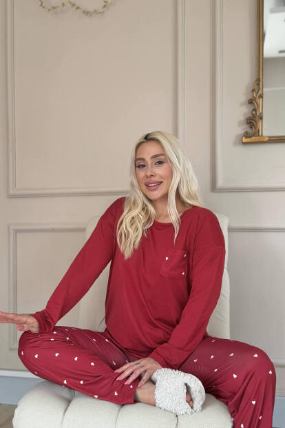 Bordo Kalp Desenli Bambu Uzun Kol Kadın Pijama Takımı - 4
