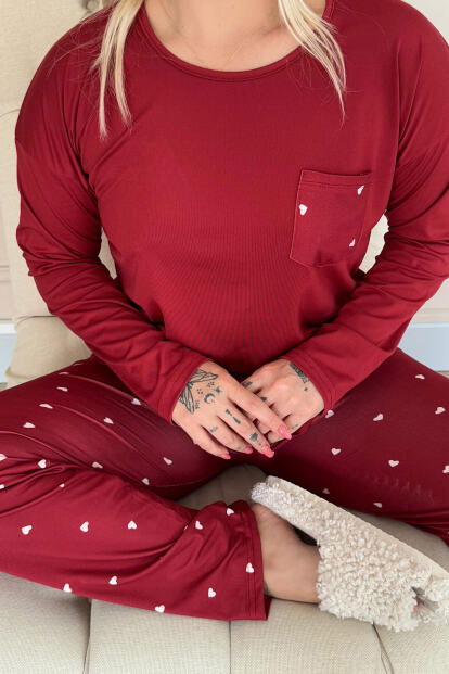 Bordo Kalp Desenli Bambu Uzun Kol Kadın Pijama Takımı - 5