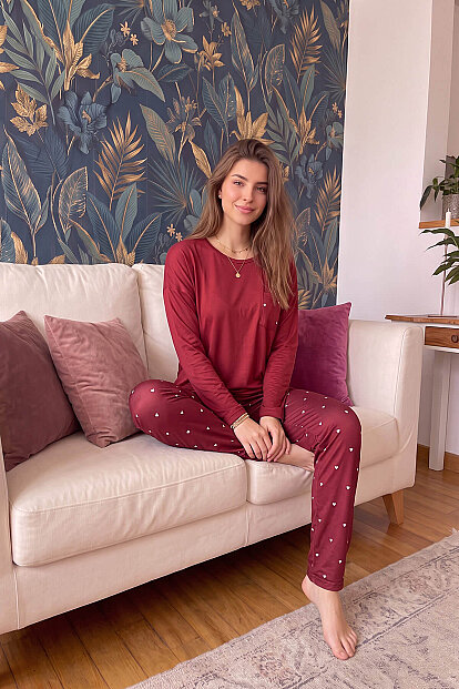 Bordo Kalp Desenli Bambu Uzun Kol Kadın Pijama Takımı - 4