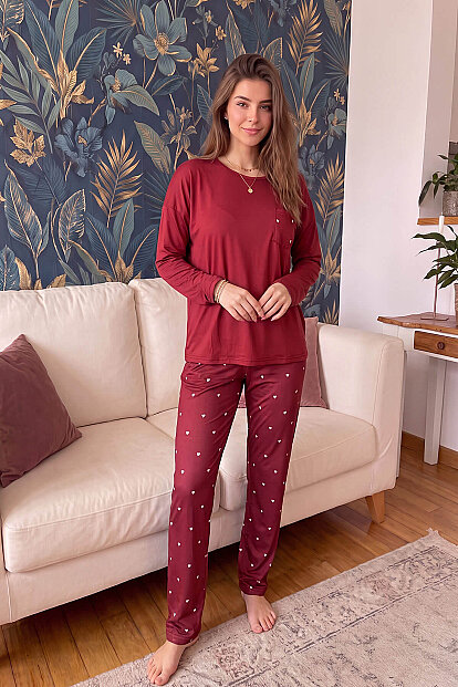 Bordo Kalp Desenli Bambu Uzun Kol Kadın Pijama Takımı - 6