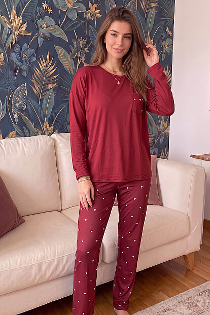 Bordo Kalp Desenli Bambu Uzun Kol Kadın Pijama Takımı - 7