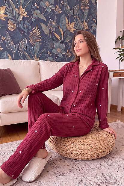 Bordo Kalp Desenli Önden Düğmeli Peluş Polar Pijama Takımı - 3